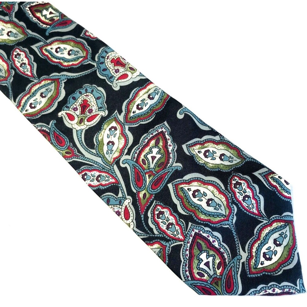 Christian Dior Vintage Tie Monsieur Leaf Paisley Floral Silk Black Red Blue Prep